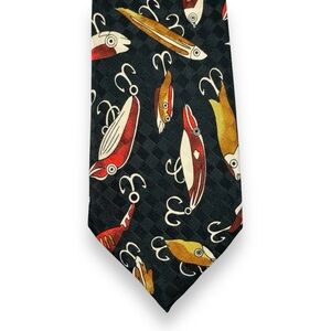 Renaissance Handmade Neck Tie Red Brown Fishing Lures Black Check Background 54”